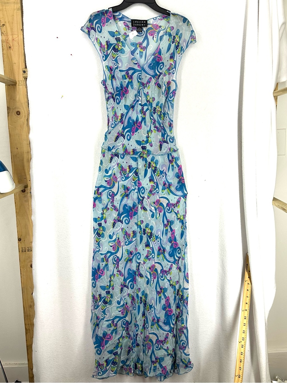 Spenser Jeremy 100% Silk Butterfly Maxi Dress Women’s Small Blue Y2K